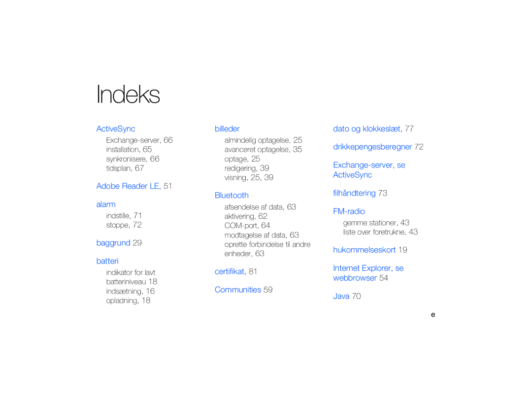 Samsung GT-B7330QKAXEE, GT-B7330QKANEE manual Indeks, Indstille, 71 stoppe 