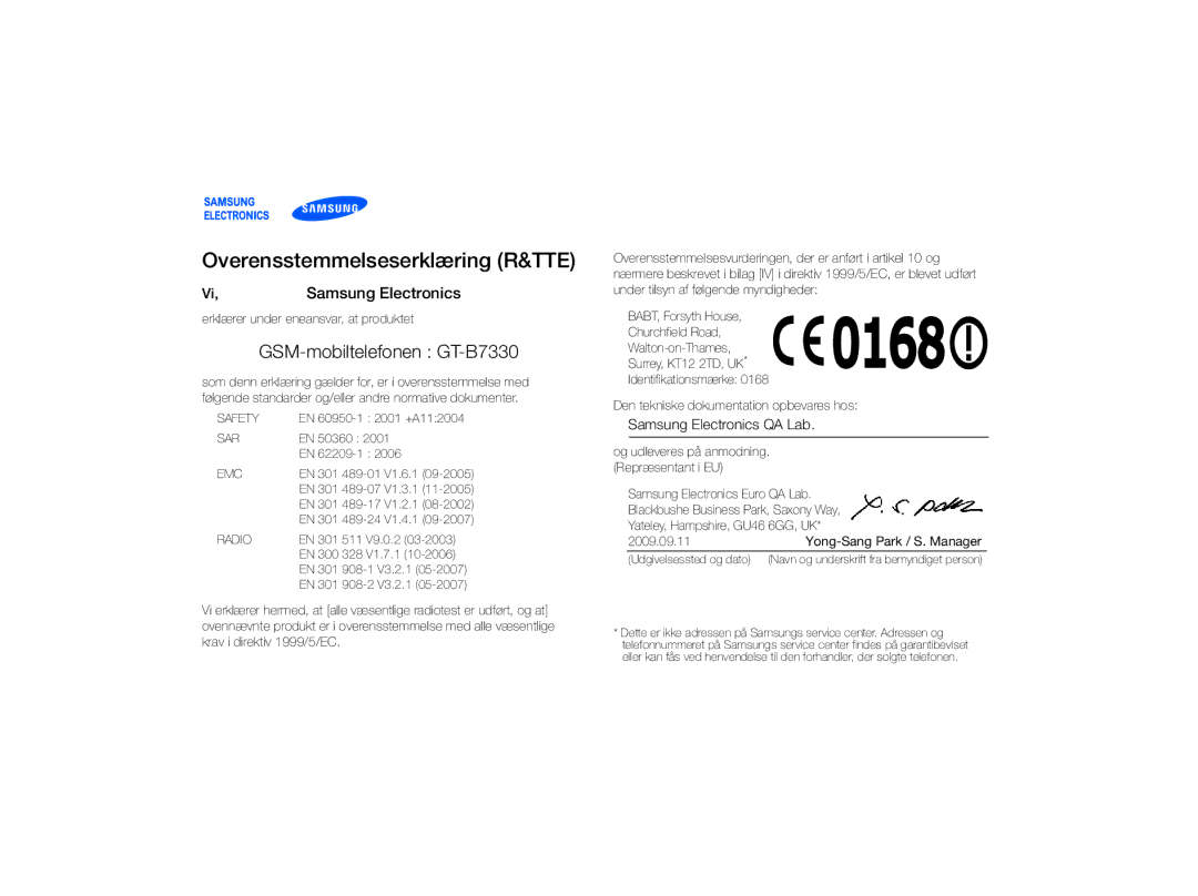 Samsung GT-B7330QKAXEE, GT-B7330QKANEE manual Overensstemmelseserklæring R&TTE, GSM-mobiltelefonen GT-B7330 