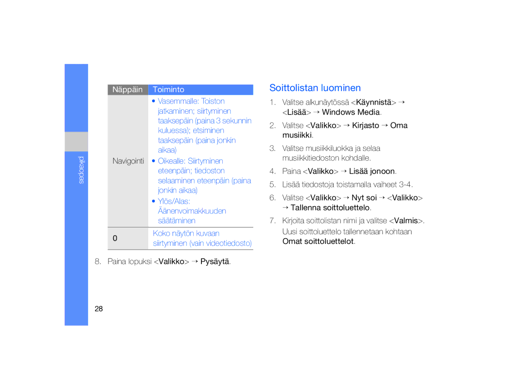 Samsung GT-B7330QKANEE, GT-B7330QKAXEE manual Soittolistan luominen 