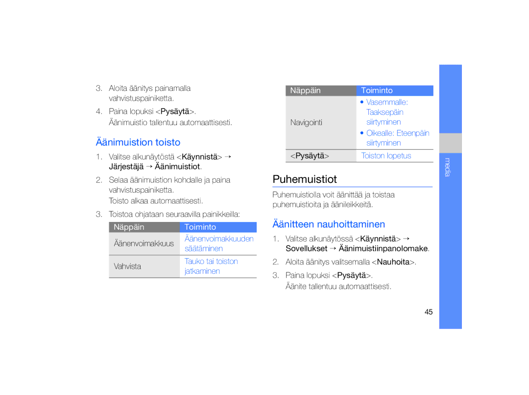 Samsung GT-B7330QKAXEE, GT-B7330QKANEE Puhemuistiot, Äänimuistion toisto, Äänitteen nauhoittaminen, Paina lopuksi Pysäytä 