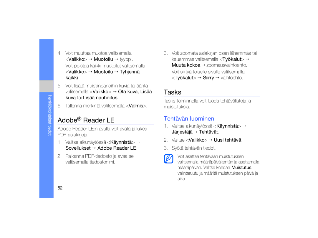 Samsung GT-B7330QKANEE, GT-B7330QKAXEE manual Adobe Reader LE, Tasks, Tehtävän luominen 
