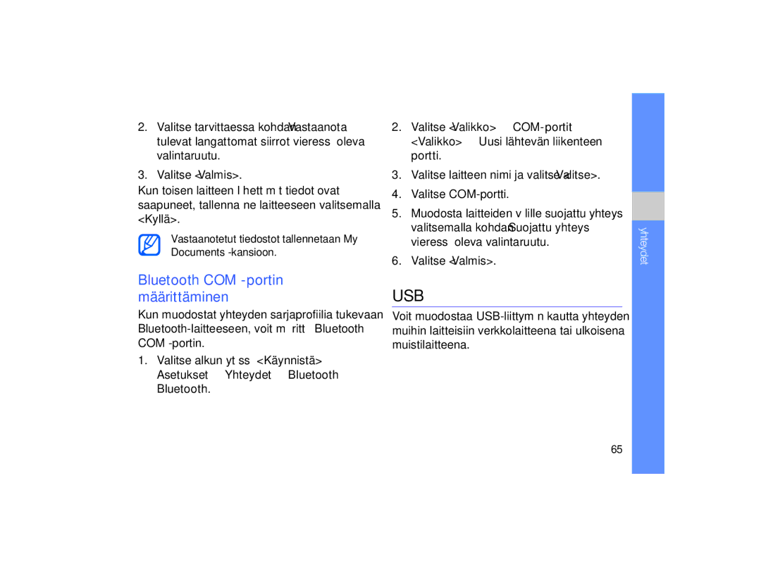 Samsung GT-B7330QKAXEE, GT-B7330QKANEE manual Usb, Bluetooth COM -portin määrittäminen 