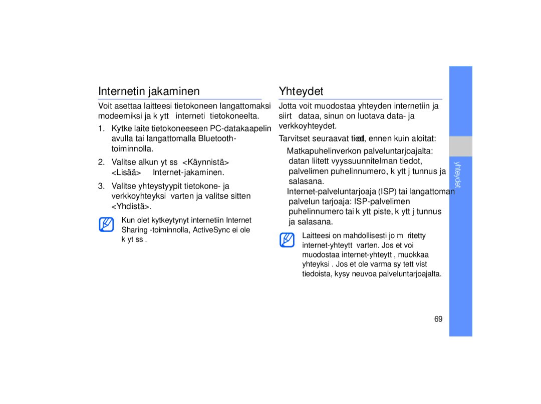 Samsung GT-B7330QKAXEE, GT-B7330QKANEE manual Internetin jakaminen, Yhteydet 