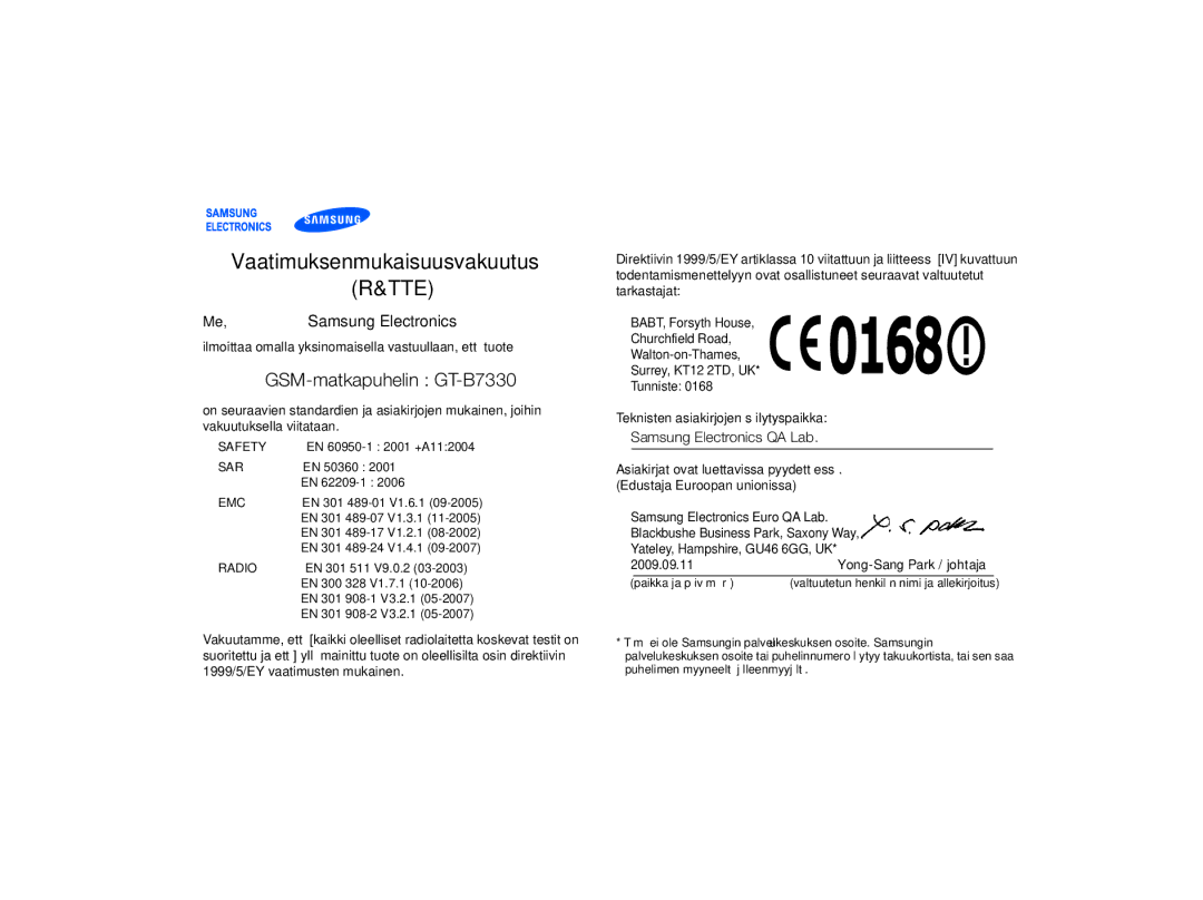 Samsung GT-B7330QKAXEE, GT-B7330QKANEE manual Tte, GSM-matkapuhelin GT-B7330 