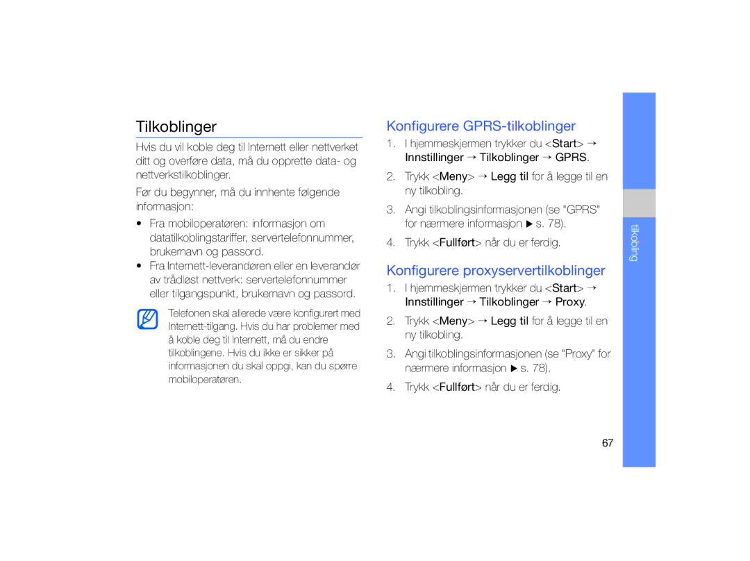 Samsung GT-B7330QKAXEE, GT-B7330QKANEE Tilkoblinger, Konfigurere GPRS-tilkoblinger, Konfigurere proxyservertilkoblinger 