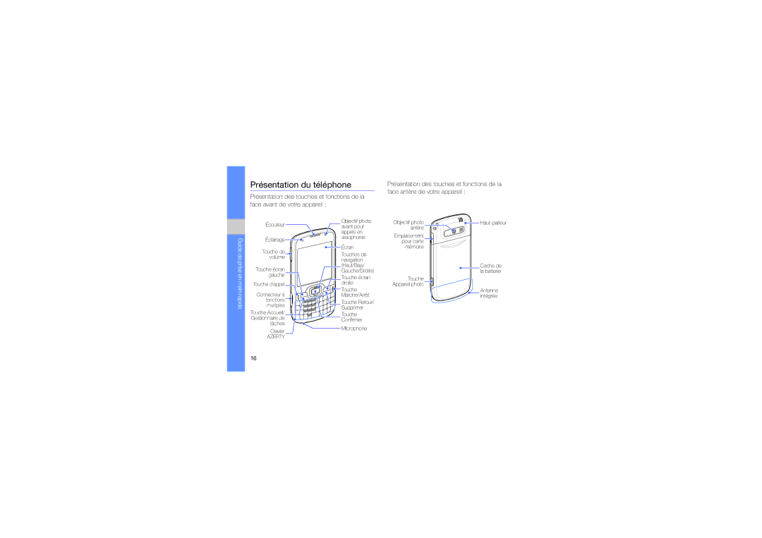 Samsung GT-B7330QKASFR, GT-B7330QKAORC, GT-B7330QKAXEF, GT-B7330QKAFTM manual Présentation du téléphone 