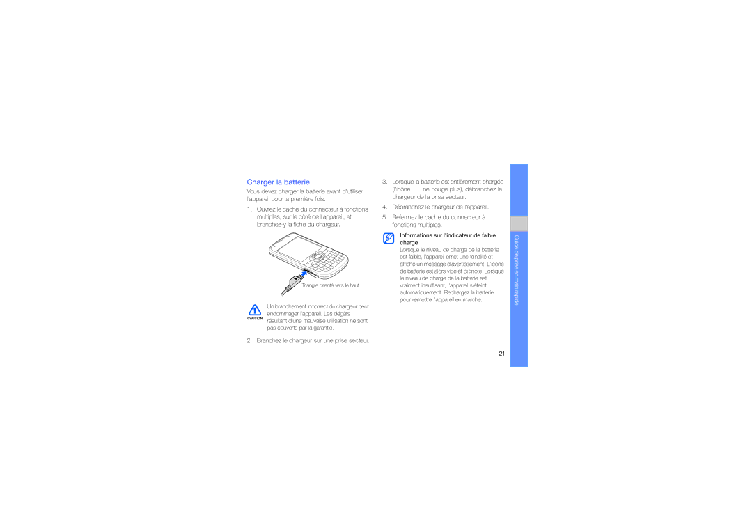 Samsung GT-B7330QKAXEF, GT-B7330QKAORC, GT-B7330QKASFR, GT-B7330QKAFTM manual Charger la batterie 