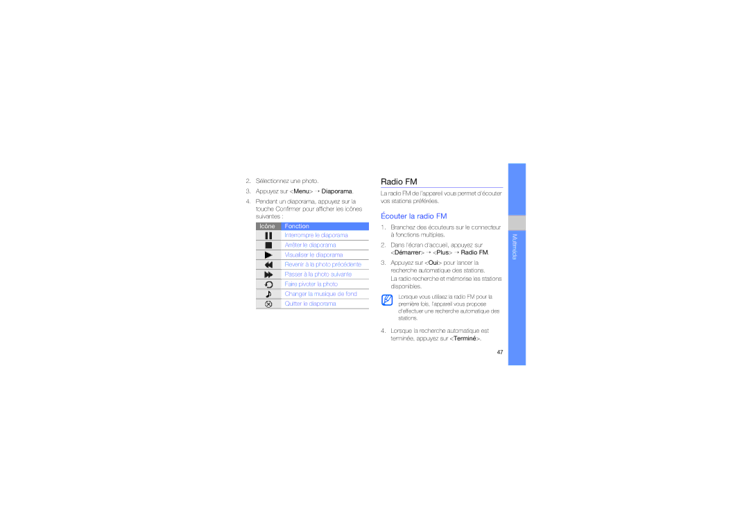 Samsung GT-B7330QKAORC, GT-B7330QKASFR, GT-B7330QKAXEF, GT-B7330QKAFTM manual Radio FM, Écouter la radio FM 