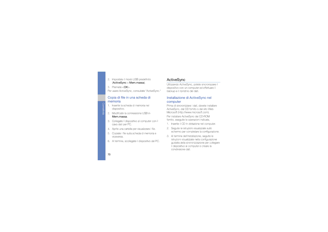 Samsung GT-B7330QKAOMN manual Copia di file in una scheda di memoria, Installazione di ActiveSync nel computer 