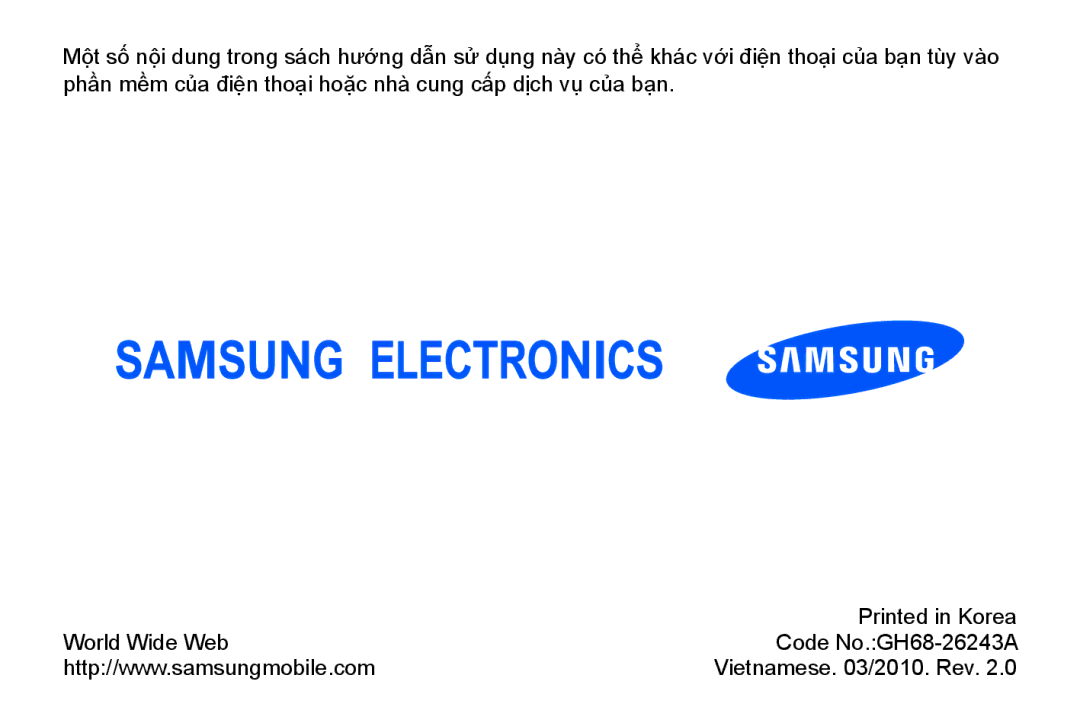 Samsung GT-B7330QKAXEV manual Vietnamese /2010. Rev 