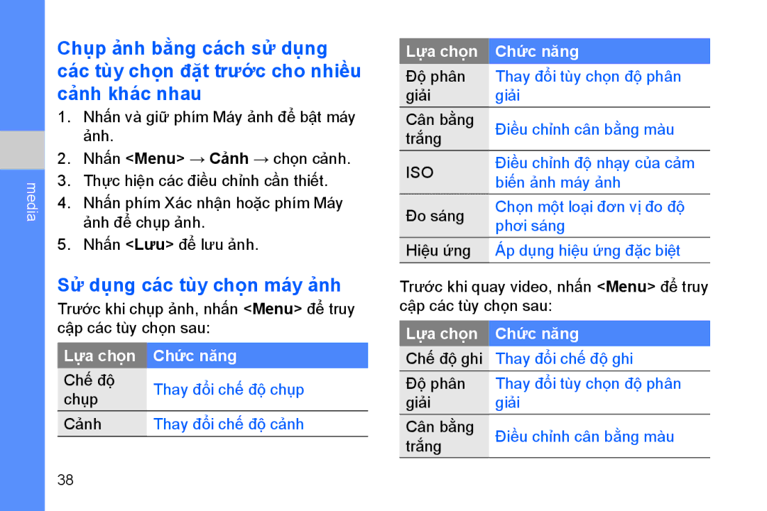Samsung GT-B7330QKAXEV manual Sử dụng các tùy chọn máy ảnh, Iso 