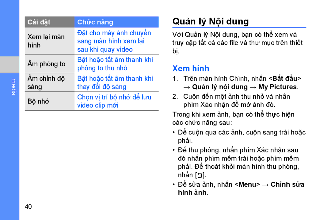 Samsung GT-B7330QKAXEV manual Quản lý́ Nộ̣i dung, Xem hinh, Để sửa ảnh, nhấn Menu → Chỉnh sửa hình ảnh 