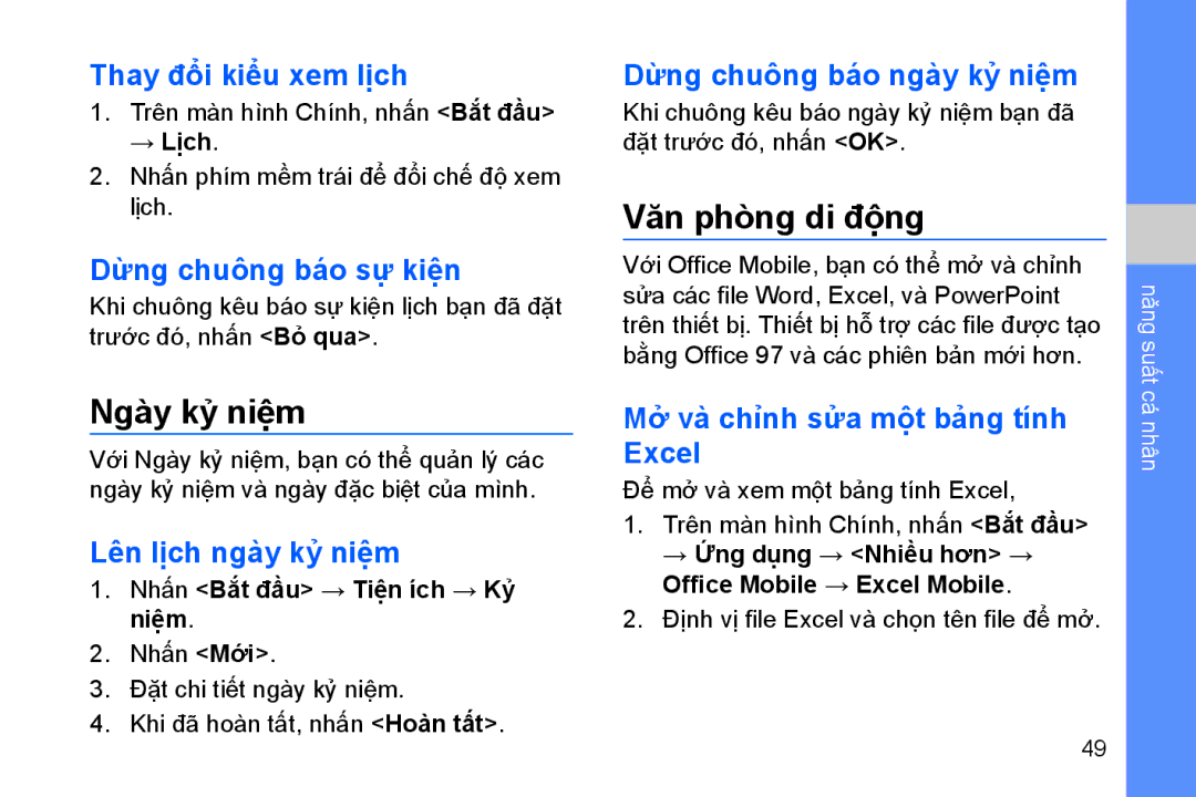 Samsung GT-B7330QKAXEV manual Ngày kỷ niệm, Văn phòng di độ̣ng 