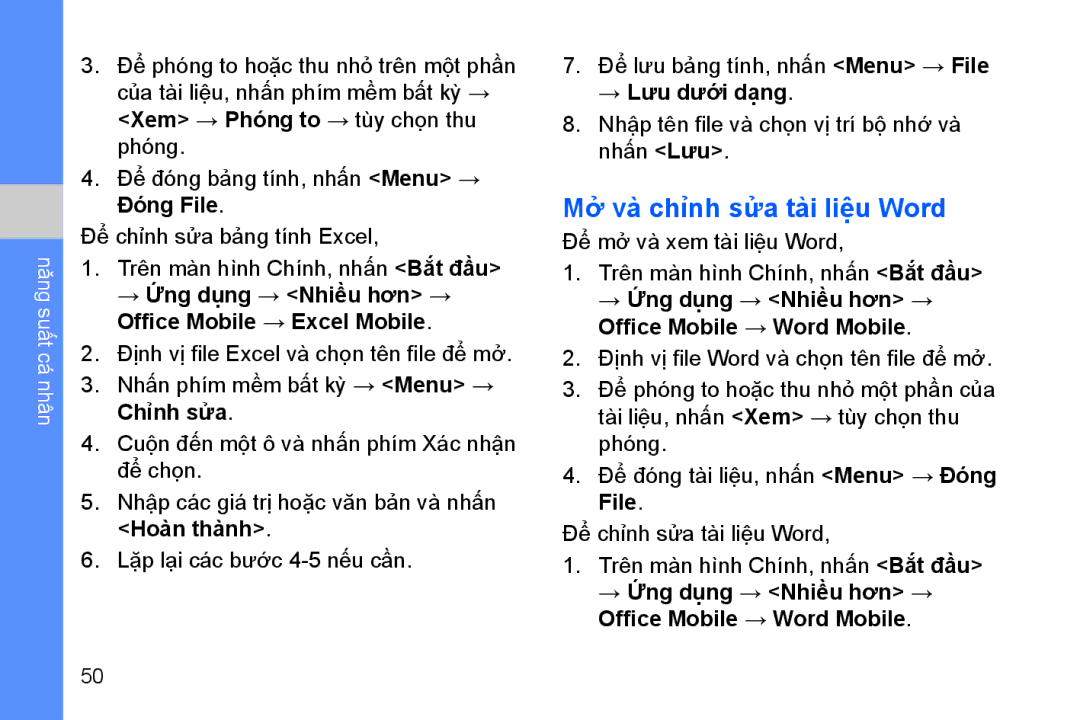 Samsung GT-B7330QKAXEV manual Mở̉ và chỉnh sửa tài liệu Word 