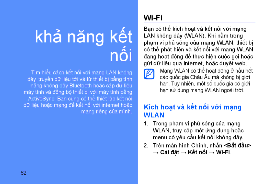 Samsung GT-B7330QKAXEV manual Wi-Fi, Kích hoạt và kết nối với mạng 