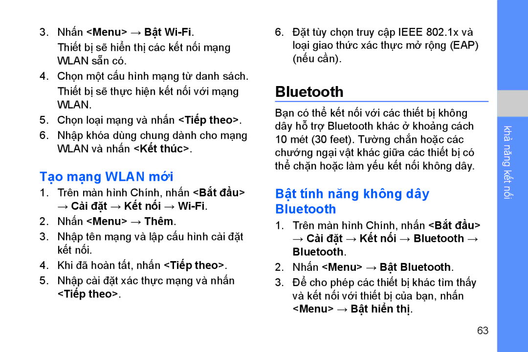 Samsung GT-B7330QKAXEV manual Tạo mạng Wlan mới, Bậ̣t tính năng không dây Bluetooth, Nhấn Menu → Bậ̣t Wi-Fi 