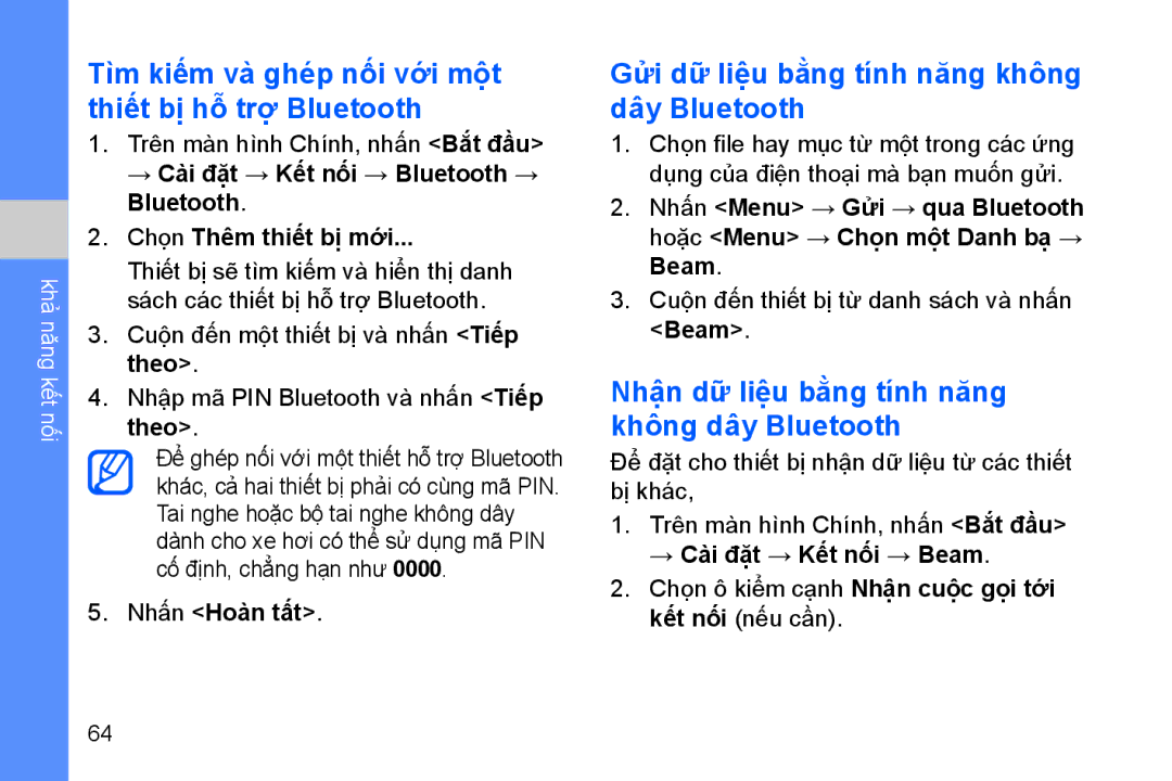 Samsung GT-B7330QKAXEV manual Tìm kiếm và ghé́p nối với mộ̣t thiết bị̣ hỗ trợ Bluetooth 