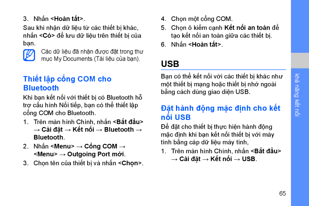 Samsung GT-B7330QKAXEV manual Thiết lậ̣p cổng COM cho Bluetooth, Đặ̣t hành độ̣ng mặ̣c đị̣nh cho kết nối USB 