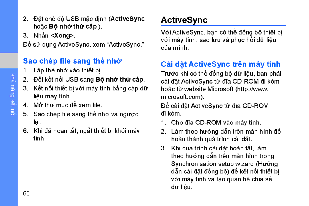 Samsung GT-B7330QKAXEV manual Sao ché́p file sang thẻ̉ nhớ, Cài đặ̣t ActiveSync trên máy tính 