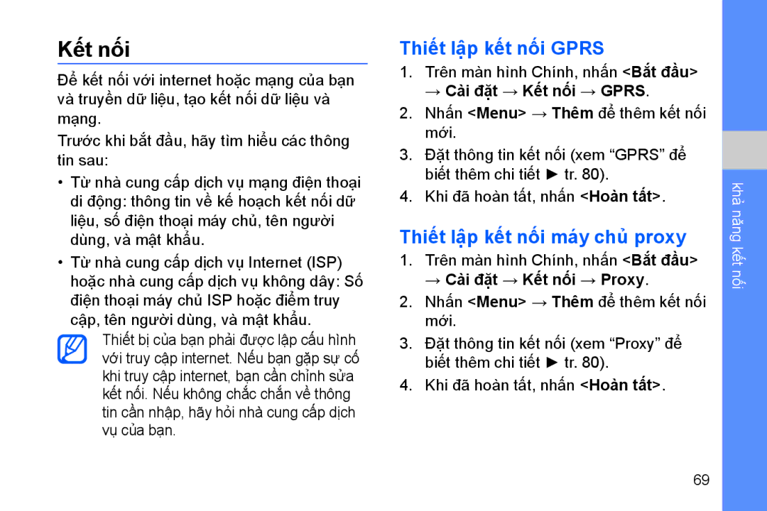 Samsung GT-B7330QKAXEV manual Kết nối, Thiết lậ̣p kết nối Gprs, Thiết lậ̣p kết nối máy chủ̉ proxy 