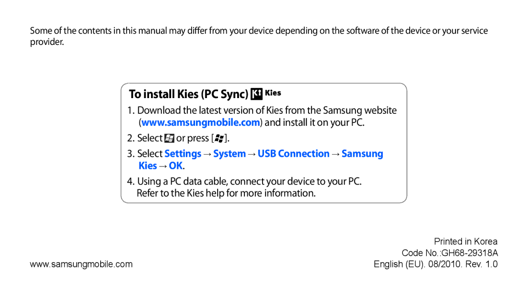 Samsung GT-B7350XKAVD2, GT-B7350XKADBT, GT-B7350XKANEE, GT-B7350XKAXEE manual To install Kies PC Sync 