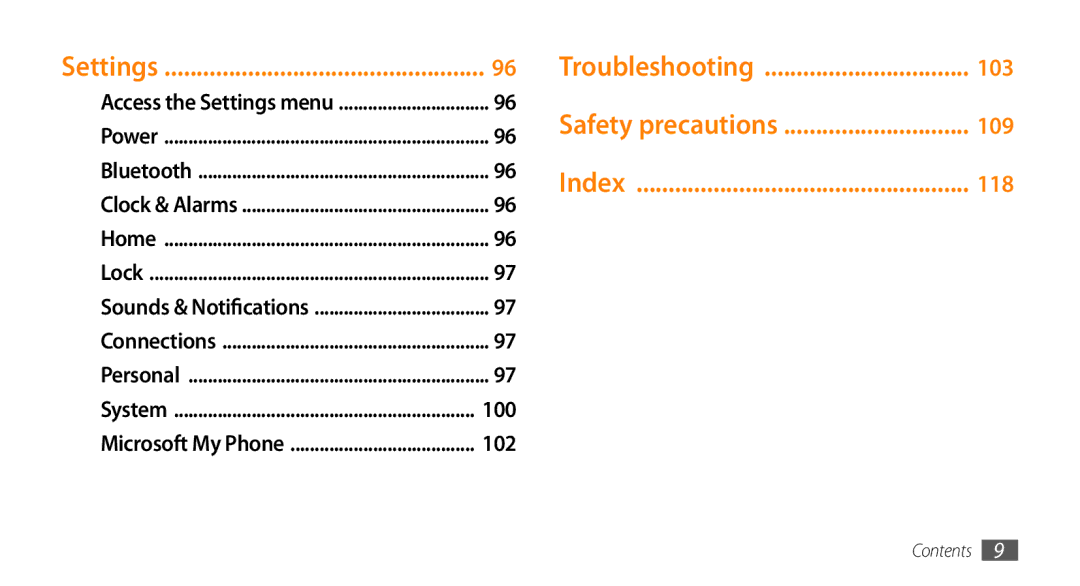 Samsung GT-B7350XKANEE, GT-B7350XKADBT, GT-B7350XKAVD2, GT-B7350XKAXEE Settings, Troubleshooting, Safety precautions, Index 