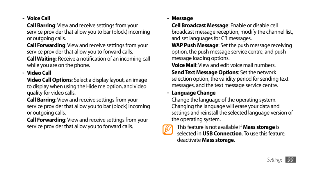 Samsung GT-B7350XKADBT manual Voice Call, Video Call, Message, Voice Mail View and edit voice mail numbers, Language Change 