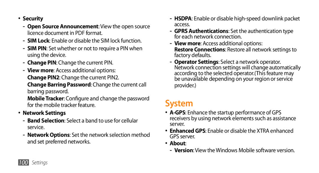 Samsung GT-B7350XKAVD2, GT-B7350XKADBT, GT-B7350XKANEE, GT-B7350XKAXEE manual System, Security, Network Settings, About 