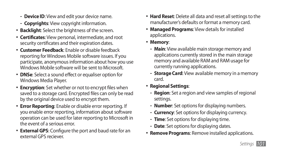 Samsung GT-B7350XKANEE manual When, Managed Programs View details for installed applications, Memory, Regional Settings 