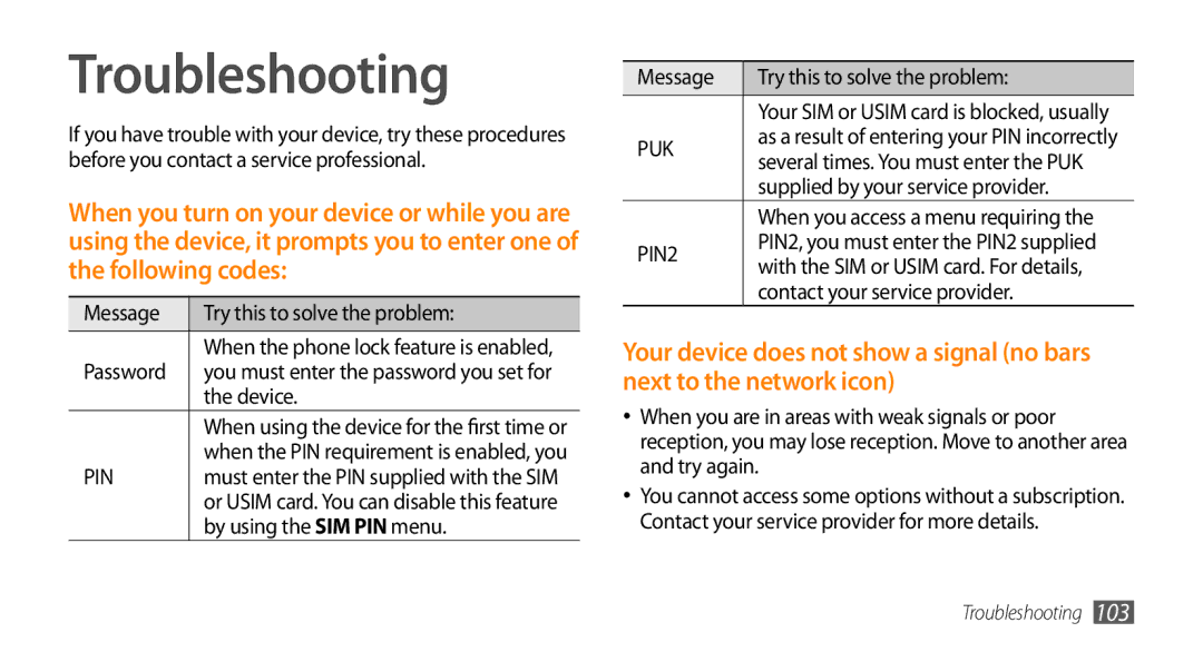 Samsung GT-B7350XKADBT, GT-B7350XKAVD2 Troubleshooting, Message Try this to solve the problem, By using the SIM PIN menu 