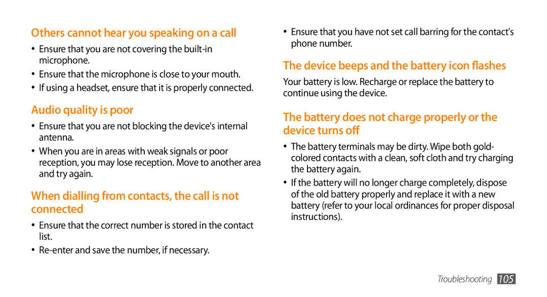 Samsung GT-B7350XKANEE, GT-B7350XKADBT, GT-B7350XKAVD2 Others cannot hear you speaking on a call, Audio quality is poor 