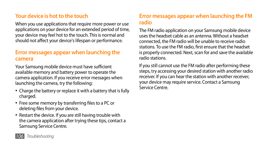 Samsung GT-B7350XKAXEE, GT-B7350XKADBT Your device is hot to the touch, Error messages appear when launching the camera 