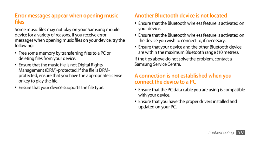 Samsung GT-B7350XKADBT manual Error messages appear when opening music files, Another Bluetooth device is not located 