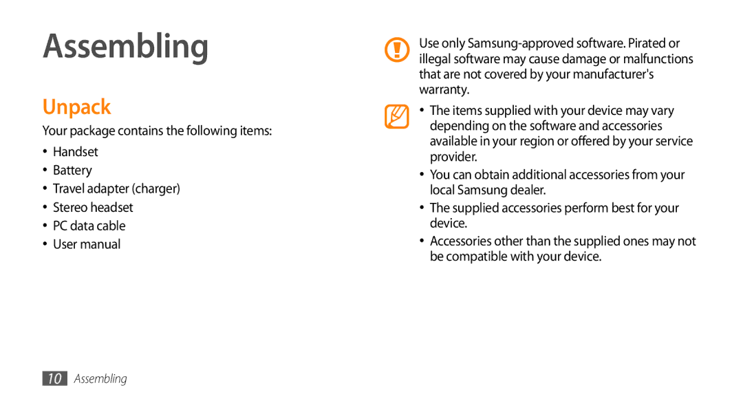 Samsung GT-B7350XKAXEE, GT-B7350XKADBT, GT-B7350XKAVD2, GT-B7350XKANEE manual Assembling, Unpack 