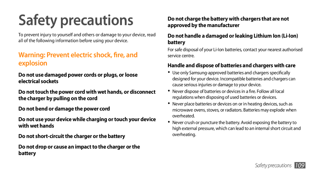 Samsung GT-B7350XKANEE, GT-B7350XKADBT manual Safety precautions, Handle and dispose of batteries and chargers with care 