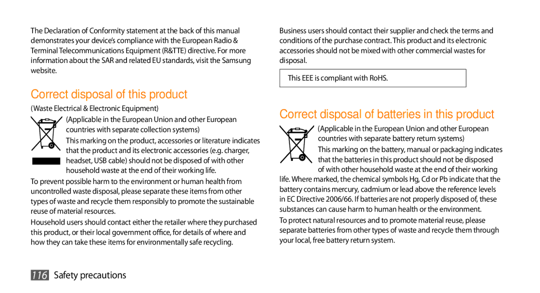 Samsung GT-B7350XKAVD2, GT-B7350XKADBT Correct disposal of this product, Correct disposal of batteries in this product 