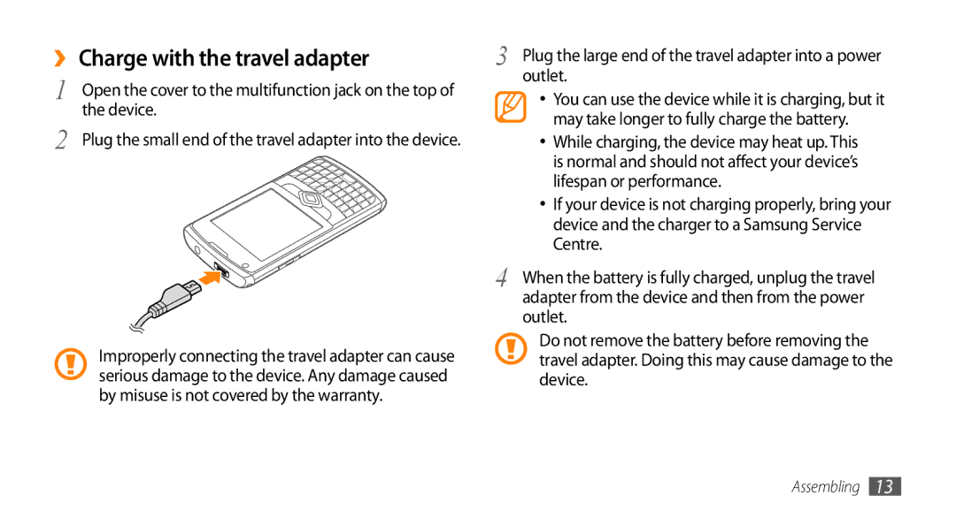 Samsung GT-B7350XKANEE, GT-B7350XKADBT, GT-B7350XKAVD2, GT-B7350XKAXEE ›› Charge with the travel adapter, Device, Outlet 