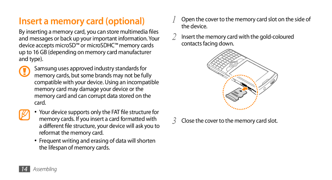 Samsung GT-B7350XKAXEE manual Insert a memory card optional, Contacts facing down, Close the cover to the memory card slot 