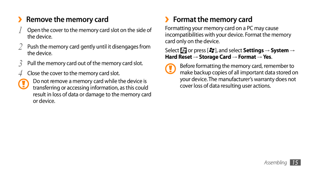 Samsung GT-B7350XKADBT, GT-B7350XKAVD2, GT-B7350XKANEE, GT-B7350XKAXEE ›› Remove the memory card, ›› Format the memory card 