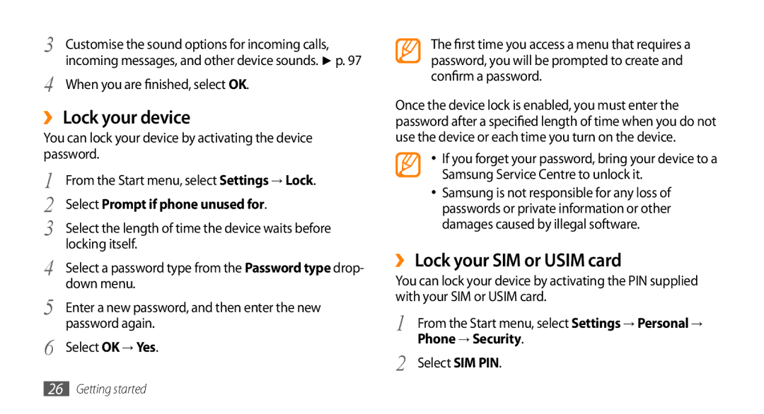 Samsung GT-B7350XKAXEE manual ›› Lock your device, ›› Lock your SIM or Usim card, Select Prompt if phone unused for 