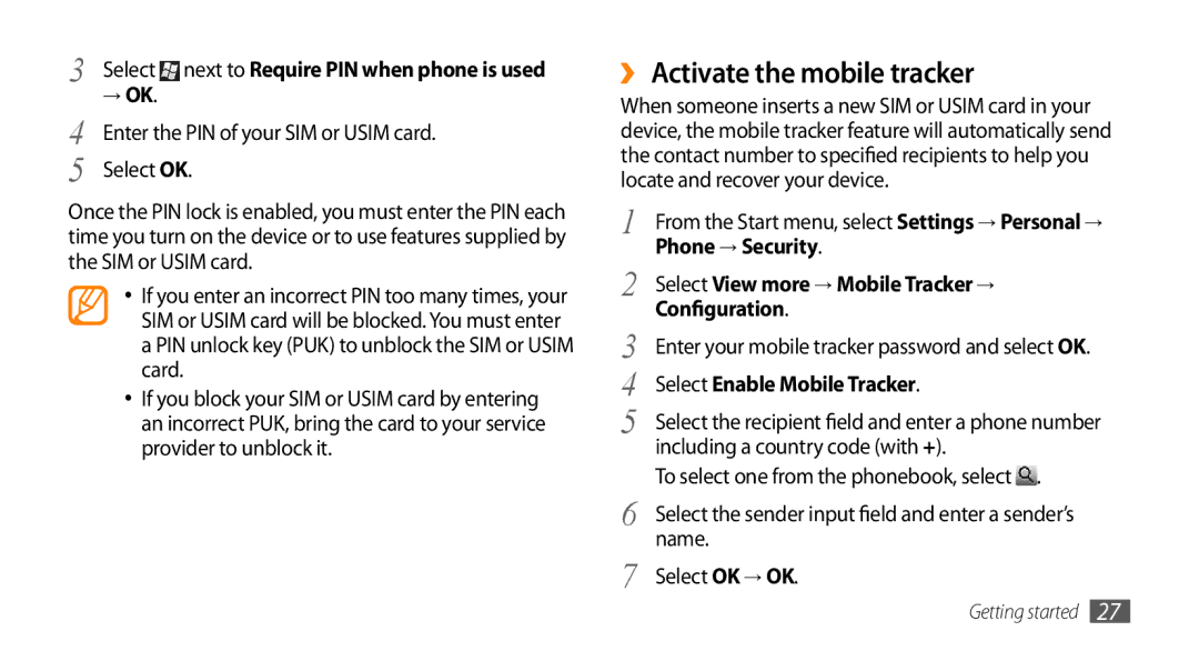 Samsung GT-B7350XKADBT, GT-B7350XKAVD2 ›› Activate the mobile tracker, Select View more → Mobile Tracker →, Configuration 