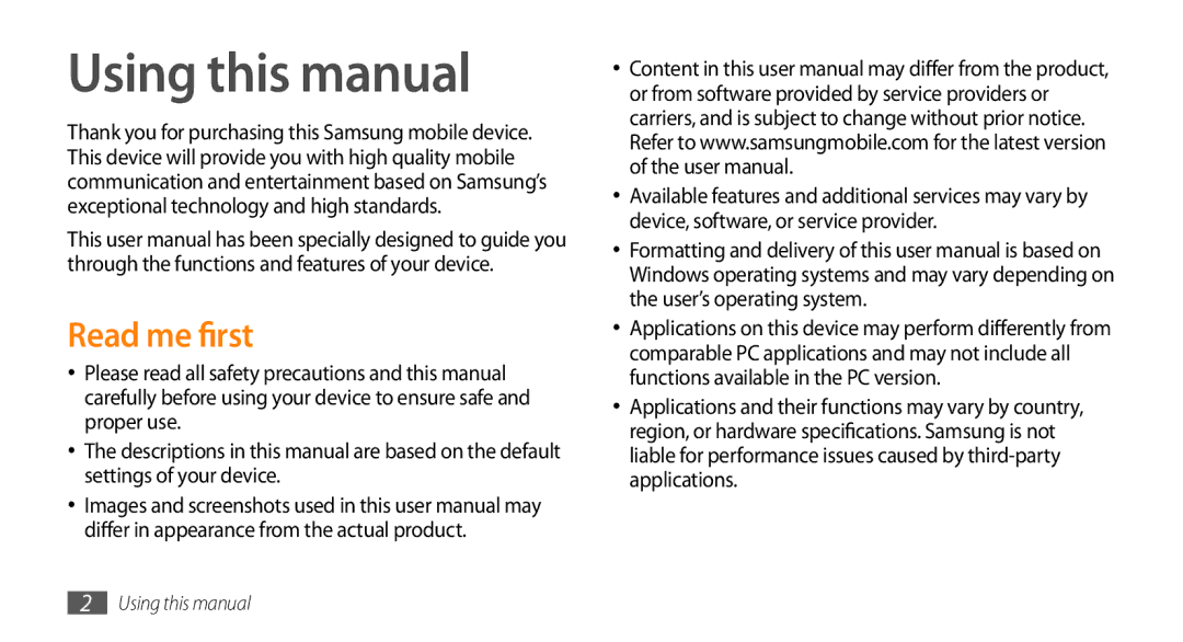 Samsung GT-B7350XKAXEE, GT-B7350XKADBT, GT-B7350XKAVD2, GT-B7350XKANEE Using this manual, Read me first 