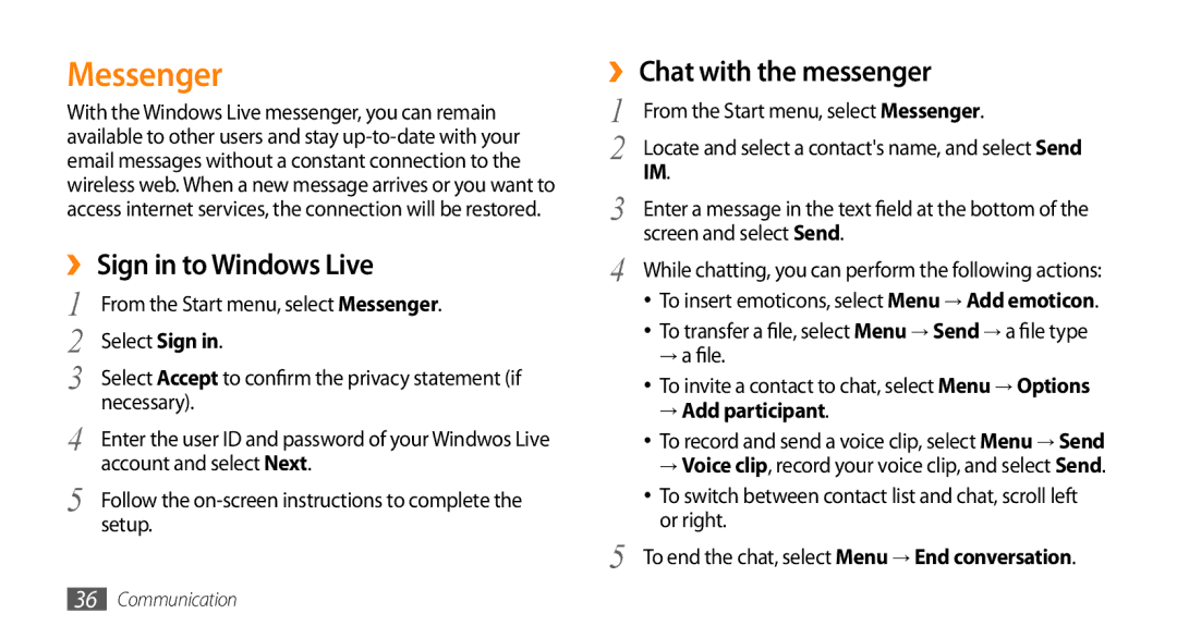 Samsung GT-B7350XKAVD2 manual Messenger, ›› Sign in to Windows Live, ›› Chat with the messenger, → Add participant 