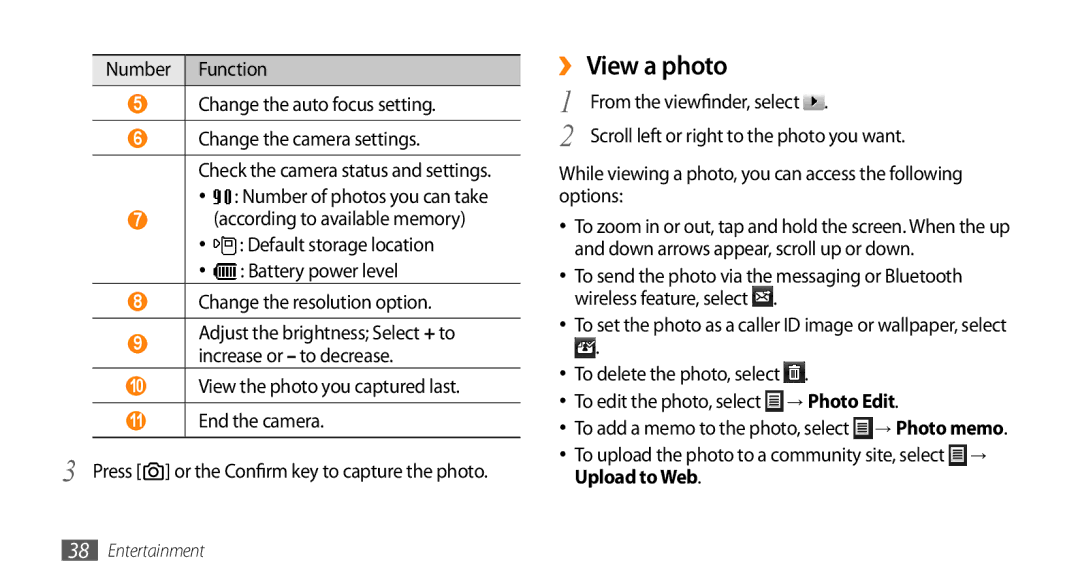 Samsung GT-B7350XKAXEE, GT-B7350XKADBT manual ›› View a photo, While viewing a photo, you can access the following options 