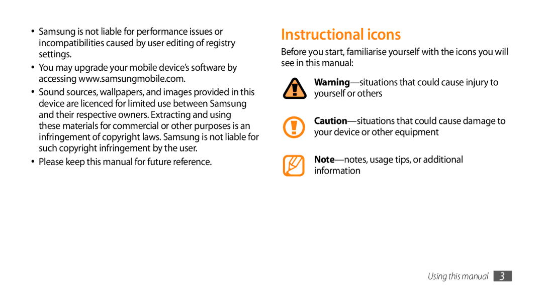 Samsung GT-B7350XKADBT, GT-B7350XKAVD2, GT-B7350XKANEE Instructional icons, Please keep this manual for future reference 