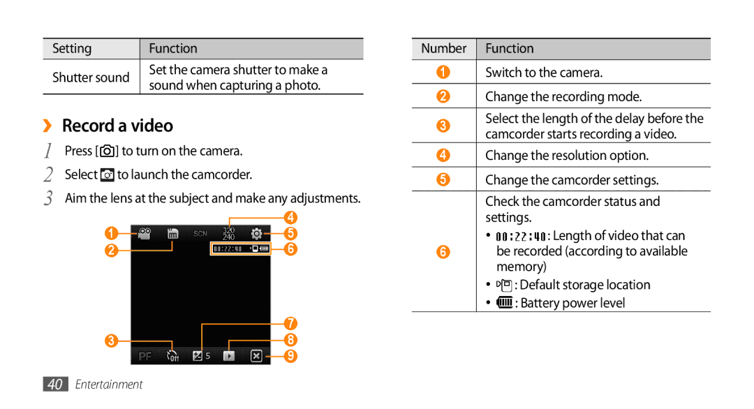 Samsung GT-B7350XKAVD2, GT-B7350XKADBT, GT-B7350XKANEE, GT-B7350XKAXEE manual ›› Record a video, Sound when capturing a photo 