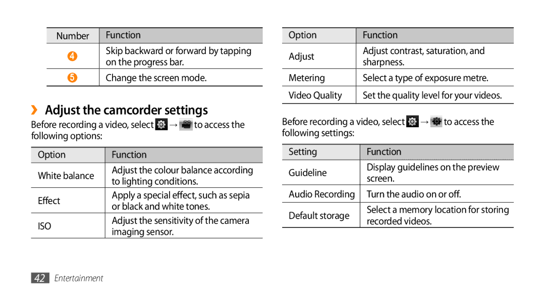 Samsung GT-B7350XKAXEE, GT-B7350XKADBT, GT-B7350XKAVD2, GT-B7350XKANEE manual ›› Adjust the camcorder settings 