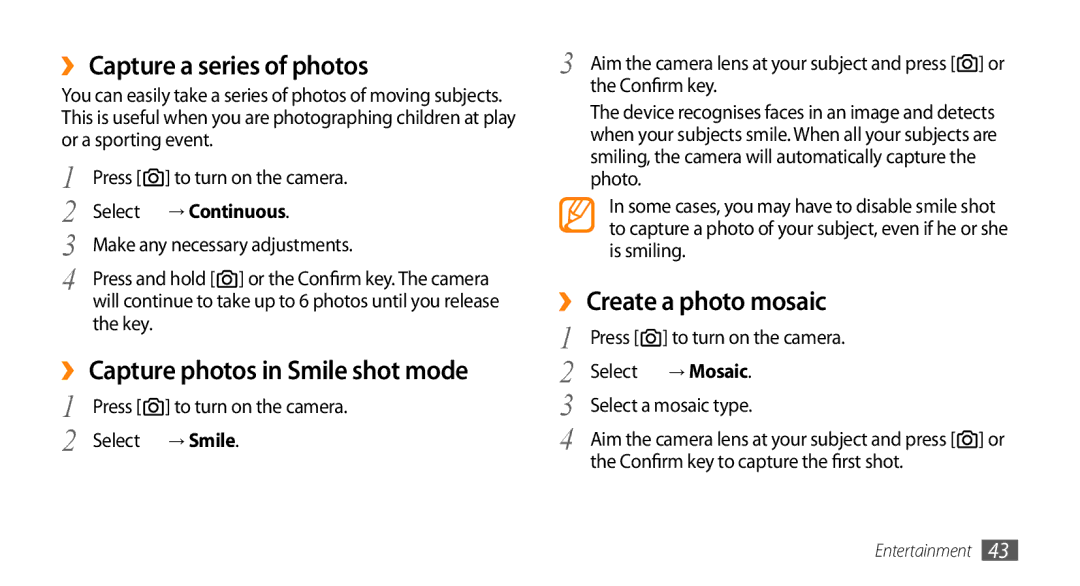 Samsung GT-B7350XKADBT manual ›› Capture a series of photos, ›› Capture photos in Smile shot mode, ›› Create a photo mosaic 