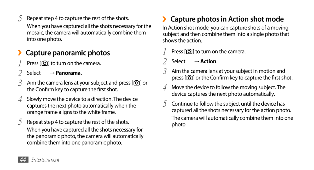 Samsung GT-B7350XKAVD2 manual ›› Capture panoramic photos, ›› Capture photos in Action shot mode, → Panorama, → Action 