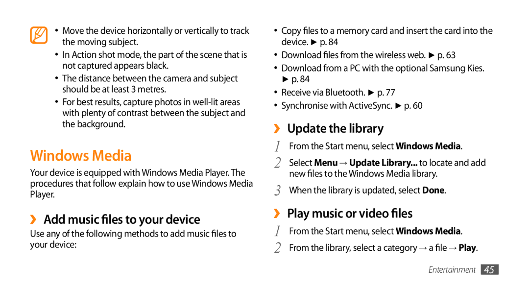 Samsung GT-B7350XKANEE, GT-B7350XKADBT manual Windows Media, ›› Add music files to your device, ›› Update the library 